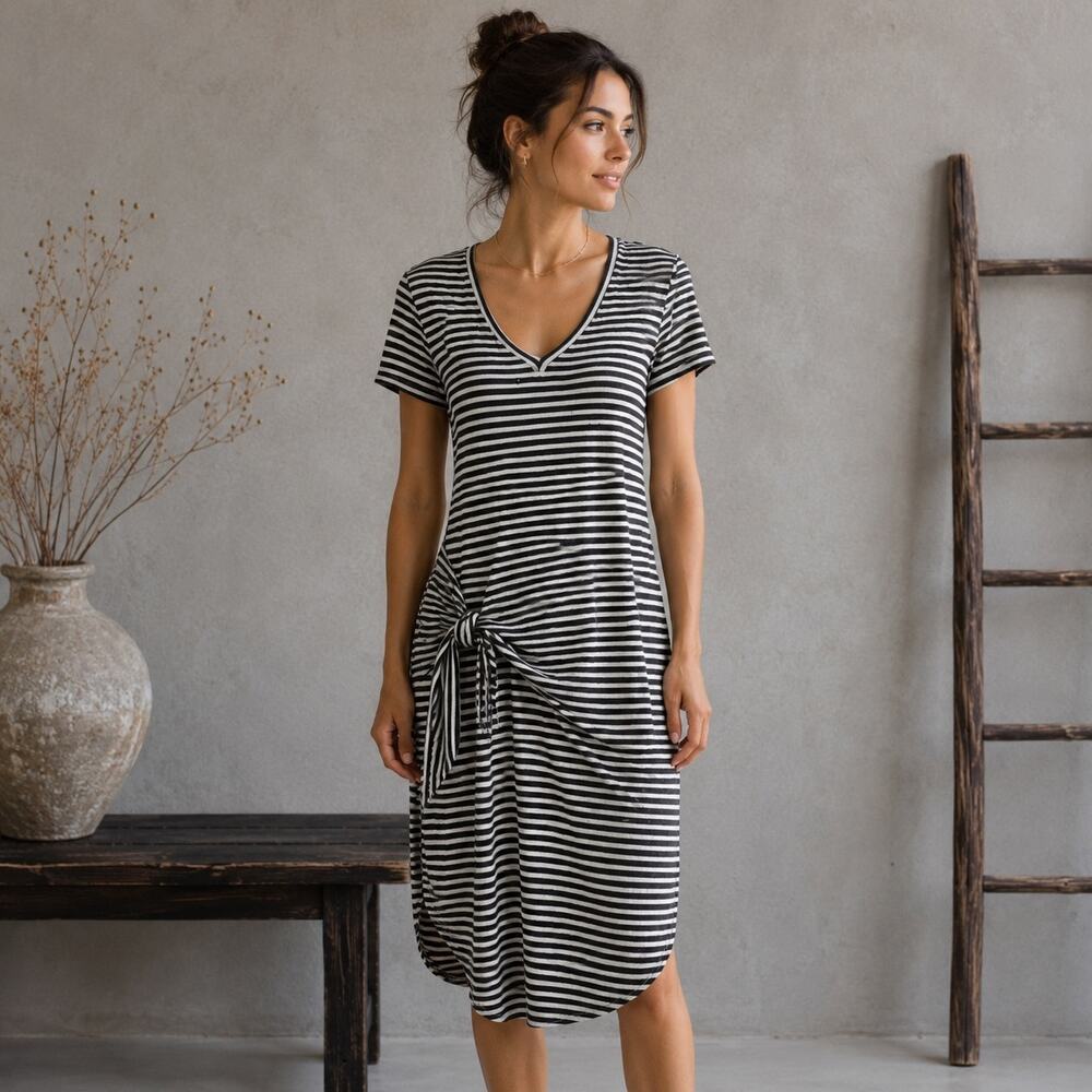 Dolan Black White  Malta Tie Waist Knit  Stripe Dress Medium